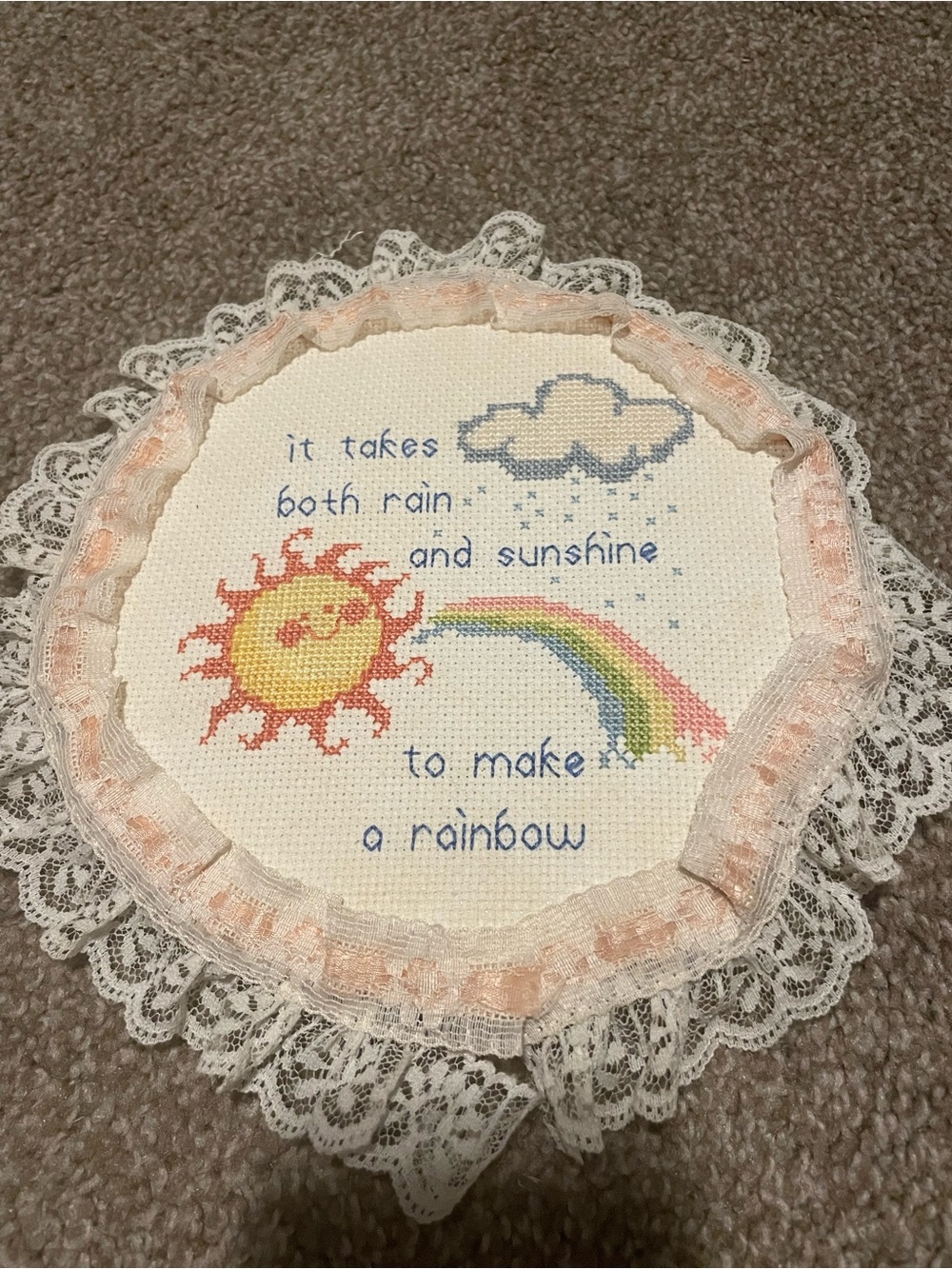 Handmade Sun & Rainbow Cross-Stitch Wall Accent in White and Pink